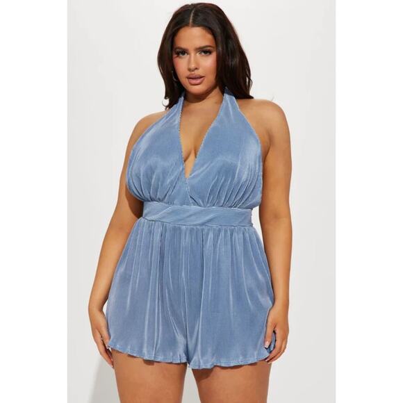 Fashion Nova Blue Romper Paulina Plissé Jumpsuit Halter Sexy Open Extra Large XL - Picture 3 of 15